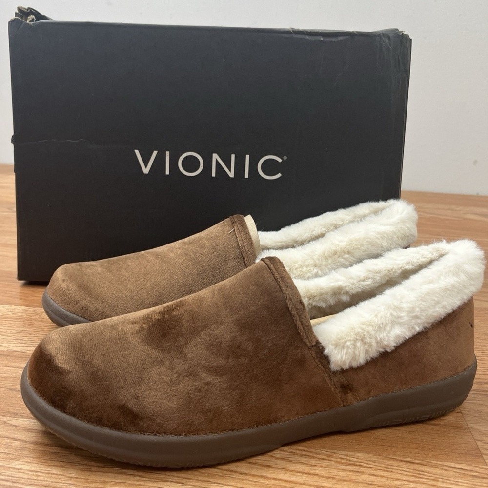 Vionic Clare Cozy Collar Slippers in Chocolate Women's Size 9 Velvet NEW